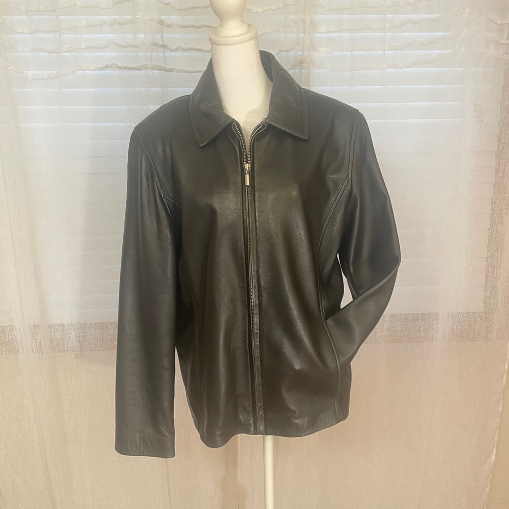 SONOMA Genuine Black Leather Jacket Sz Large Lined Zipper Closure Side Pockets